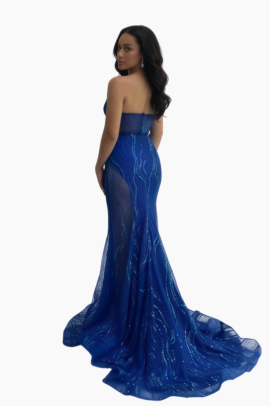 Woman wearing a blue evening gown with a sheer overlay on a white background