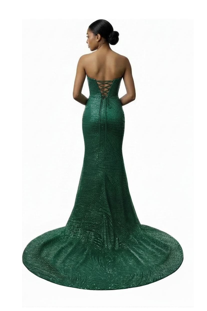 Green evening gown with open back on a white background